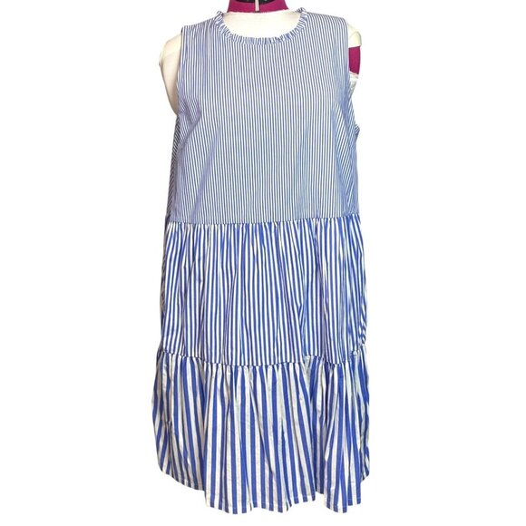 J.Crew Dresses & Skirts - J Crew Striped Blue & White Sleeveless Tiered Dress Size 16 Cotton Blend